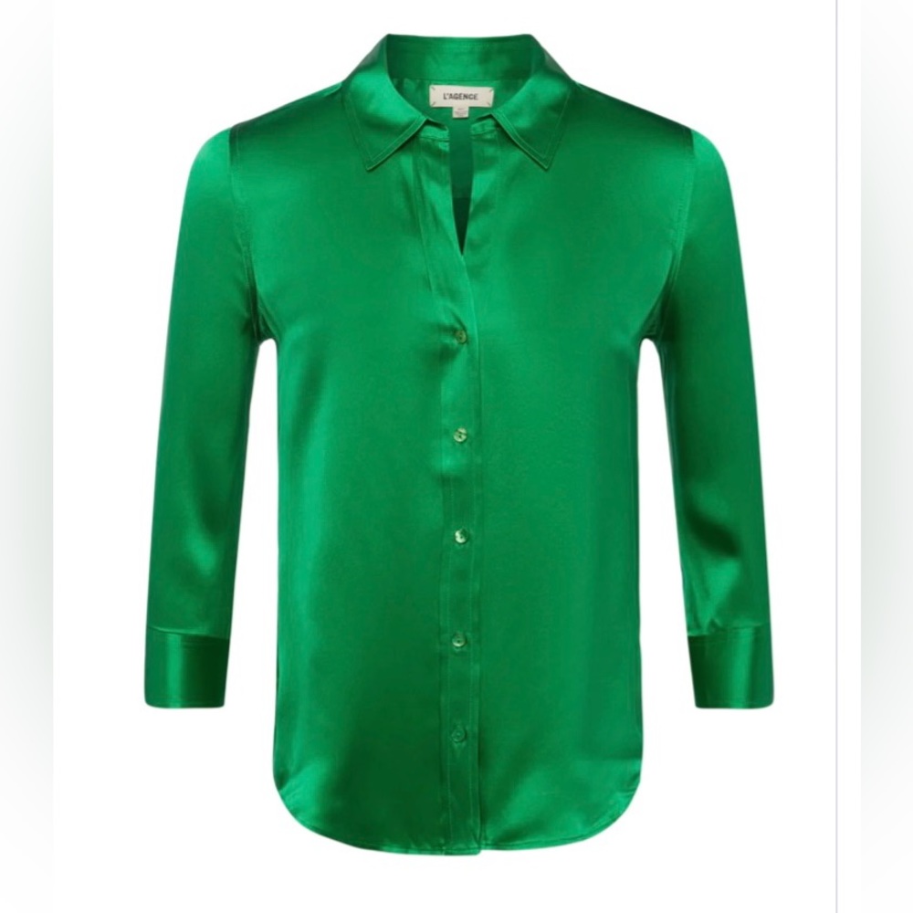 L’AGENCE Silk Green Button Down 3/4 Sleeve Dani Blouse Size Large